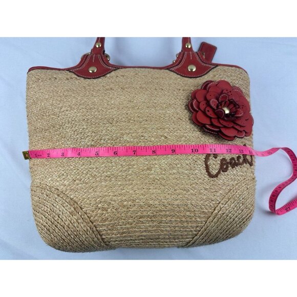 COACH Bleecker NATURAL STRAW VERMILLION RED LG LEATHER FLORAL Tote Bag 2008 EUC - Picture 12 of 12